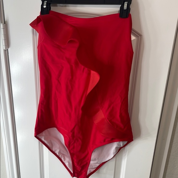 Red Strapless Ruffle Swimsuit - Picture 1 of 4